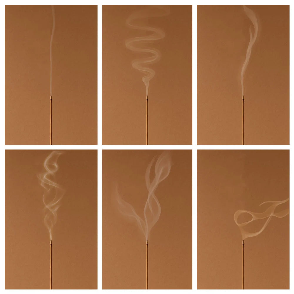 Various shapes of incense smoke illustrating different feng shui energy flows, symbolizing purification, balance, and spiritual harmony.