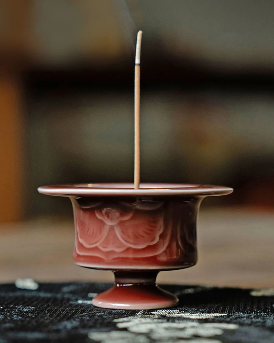 Imperial Red Glazed Relief Incense Holder · Ceramics