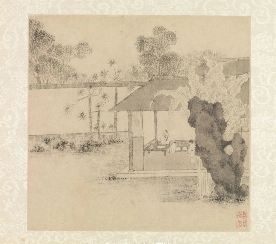The painting reveals that ancient people enjoyed placing rockery, which is created by elegant stones to resemble natural landscapes, in their own courtyards, expressing a sense of natural tranquility