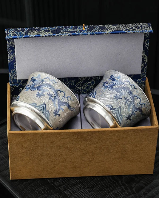 Chinese silver teacup gift set in presentation packaging