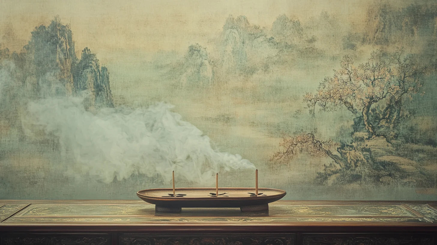 Chinese incense burning on a tea table, set against a Feng Shui wall painting, symbolizing Qi flow, Five Elements harmony, and energy balancing in an elegant Eastern-inspired space.