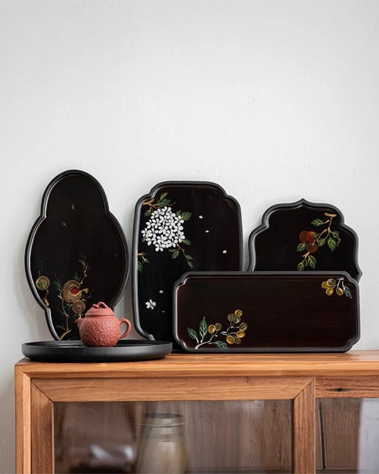 Hand-painted black bamboo lacquer tea tray with Chinese floral motif