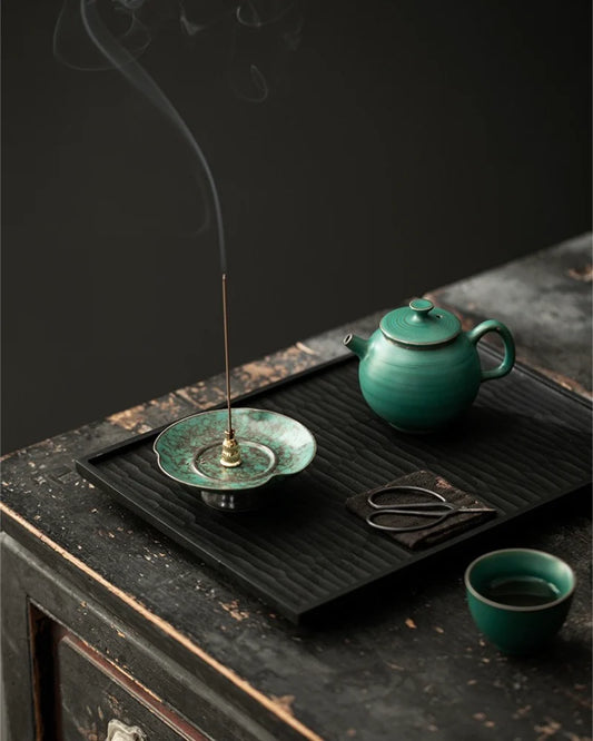 Unique blue-green reactive glaze texture on ceramic incense holder, handcrafted incense burner with artistic porcelain finish for home decor