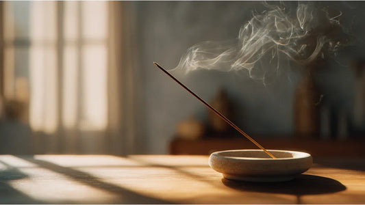 Premium premium agarwood incense stick burning in a minimalist ceramic censer inside a modern sunlit living room.