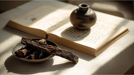 Historical agarwood beside a Chinese incense manuscript and ceramic incense holder illustrating Chinese incense classics and traditional agarwood classification.
