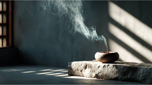A minimalist Song Dynasty style incense burner with a single wisp of smoke, representing Eastern olfactory wisdom and quiet luxury.
