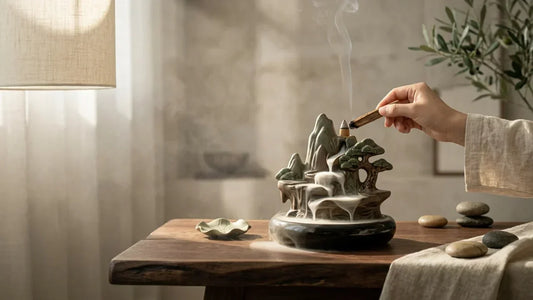 Ceramic backflow incense burner cascading smoke like a waterfall in a modern living space.
