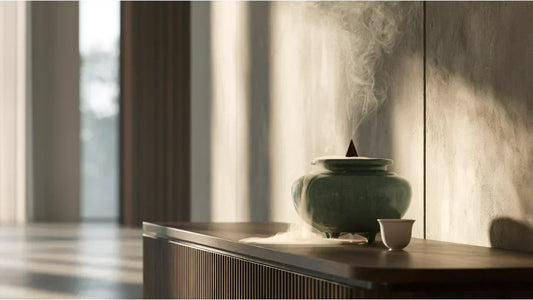 Premium backflow incense cone smoke cascading down a green celadon ceramic censer in a sunlit minimalist luxury living room.