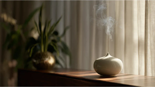 Premium Chinese agarwood incense burning in a luxury modern porcelain burner on a wooden table, filtering morning sunlight for relaxation.