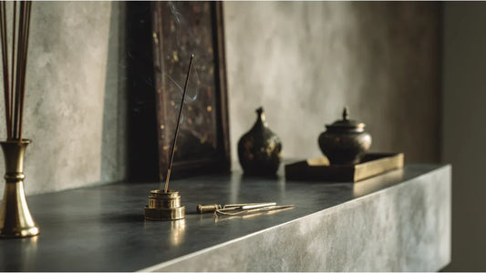 Bifang Studio fine incense burning in a minimalist modern Western living room with dappled morning light and elegant smoke trails.