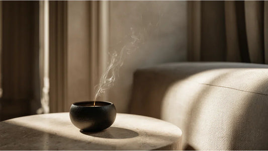 A premium Chinese incense coil burning on a modern minimalist travertine table in a sunlit luxury living room, displaying delicate wisps of smoke.