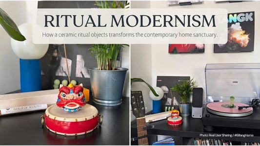 Handmade ceramic incense holder with Chinese incense in a serene modern home.