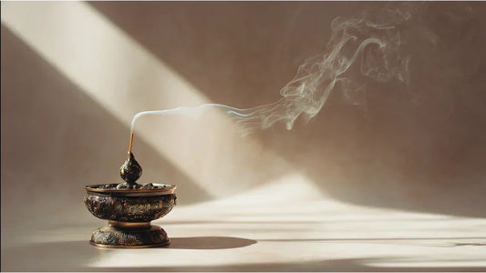 Ancient Chinese incense ritual in a quiet luxury minimalist home with smoke and natural materials