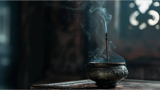A minimalist contemporary living room at dawn featuring a premium ceramic incense burner with a delicate wisp of smoke, raw agarwood pieces, and soft morning light.