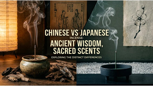 Chinese vs Japanese incense comparison showcasing luxury Chinese agarwood raw material and Zen senko stick with elegant smoke.