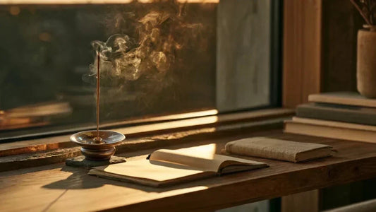 Chinese incense and ceramic incense holder on a modern creative desk with incense smoke, natural wood and morning light