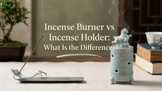 Comparison banner for Incense Burner vs Incense Holder featuring a metallic dragonfly tray for stick incense alongside a traditional celadon ceramic incense burner with horse lid.