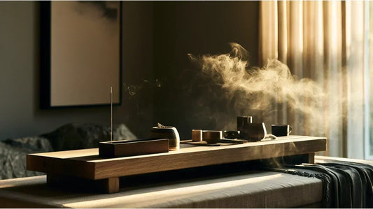 Modern home scentscape with Chinese incense, handmade Chinese incense sticks, ceramic incense holder, and incense smoke creating a gentle Feng Shui incense ritual in a minimalist Western interior