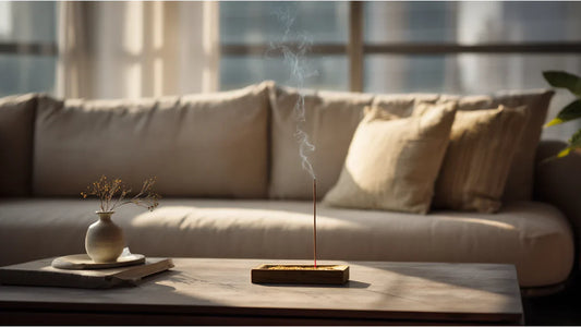 Traditional incense ritual setup on a wooden table in a morden living room