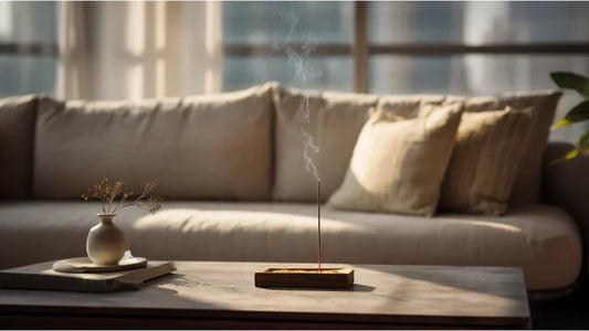 Traditional incense ritual setup on a wooden table in a morden living room
