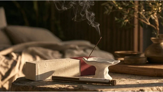 Handmade ceramic incense holder with Chinese incense stick, natural incense smoke and xiangdao ritual decor in a modern home