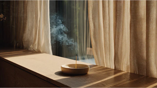 Handmade Chinese incense burning in a ceramic incense holder during a peaceful morning ritual, creating a natural Chinese incense atmosphere for digital detox, Feng Shui incense practice and modern scentscaping in home.