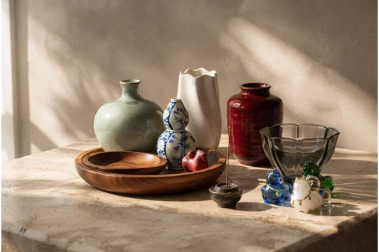 Sculptural home decor with handmade ceramic vase, Chinese horse figurine and incense holder in a modern Feng Shui inspired interior
