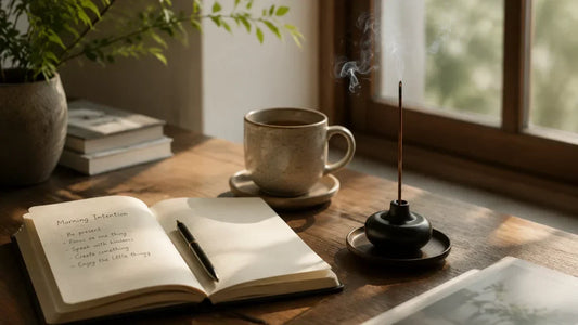 Slow morning incense ritual with handmade Chinese incense and a ceramic incense holder in a modern home, featuring natural Chinese incense and a peaceful digital detox ritual inspired by xiangdao and traditional Chinese fragrance culture.