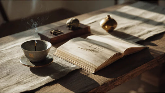 Zunsheng Bajian manuscript with handmade Chinese incense and a ceramic incense holder illustrating the Seven Essentials of Burning Incense in a modern scholarly setting.