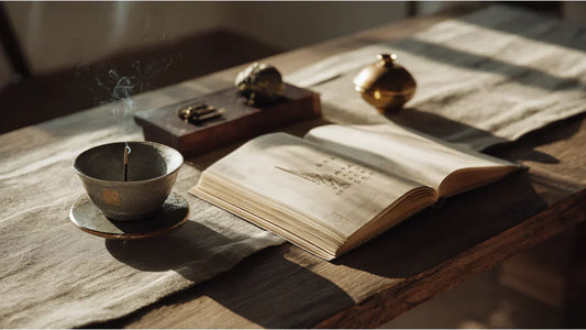 Zunsheng Bajian manuscript with handmade Chinese incense and a ceramic incense holder illustrating the Seven Essentials of Burning Incense in a modern scholarly setting.