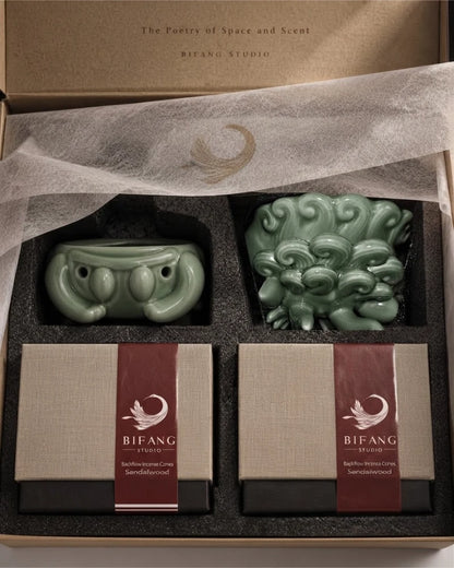 Chinese incense gift set with one dragon incense burner and two boxes of backflow incense cones