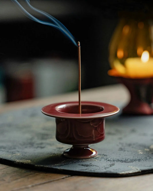 Imperial Red Glazed Relief Incense Holder · Ceramics