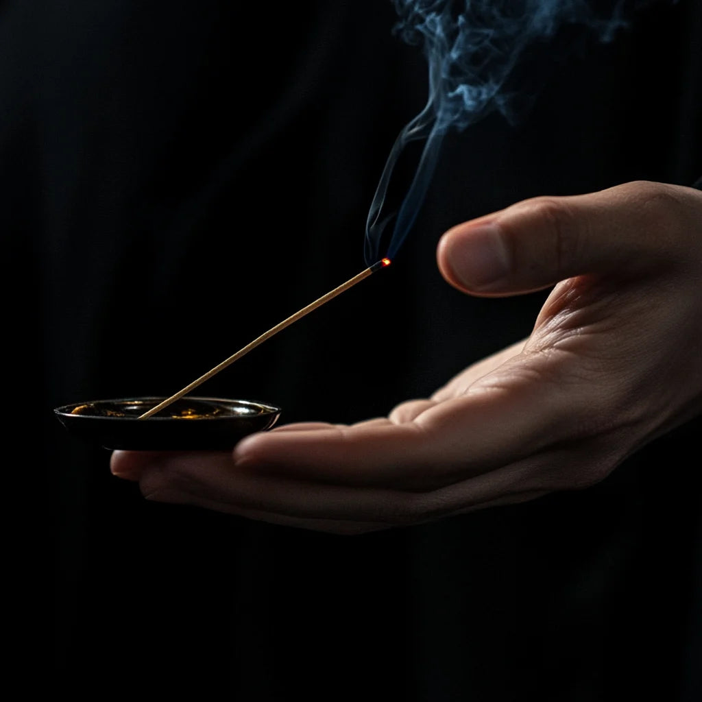 Delicate Chinese incense stick burning with soft smoke, evoking peacefulness and meditation calm.