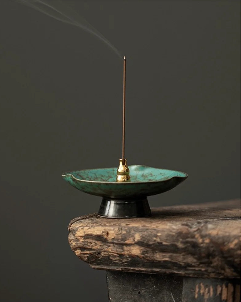 Main product image of Azure reactive glaze ceramic incense holder with brass-toned stick incense holder, handmade Chinese incense burner for Feng Shui rituals
