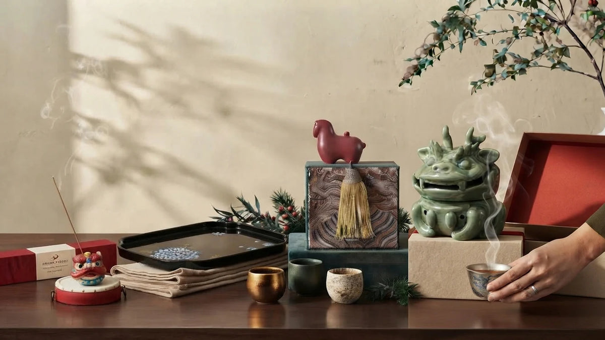 A styled tabletop arrangement with several decorative objects and a hand holding a small cup on the right. Visible items include a green dragon figurine, stacked boxes, folded fabric, a tray, small bowls, and a red box lid.