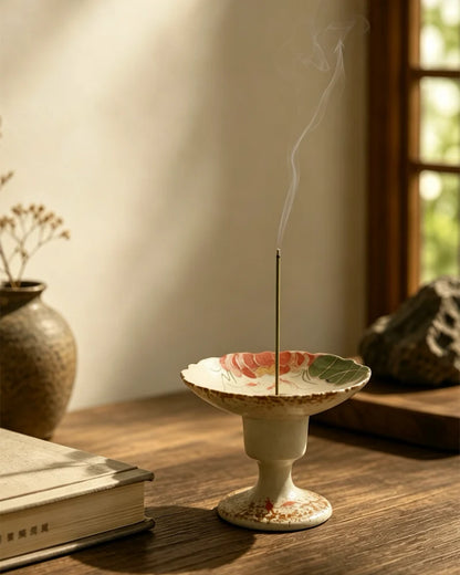 Handmade Chinese ceramic incense burner for incense ritual, lotus and red carp incense stick holder with spiritual home decor style