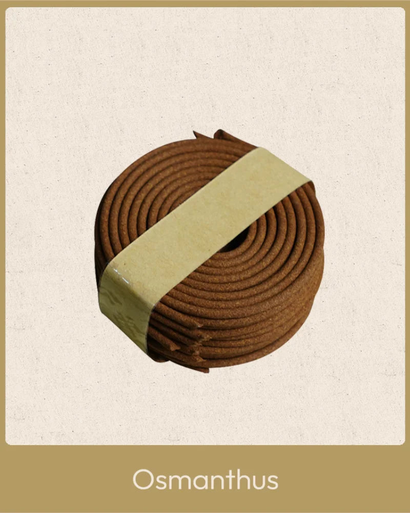 'osmanthus' coil incense is about 5 cm in diameter, 2 cm in height, and made with natural osmanthus flowers, carries a honeyed, floral sweetness. 