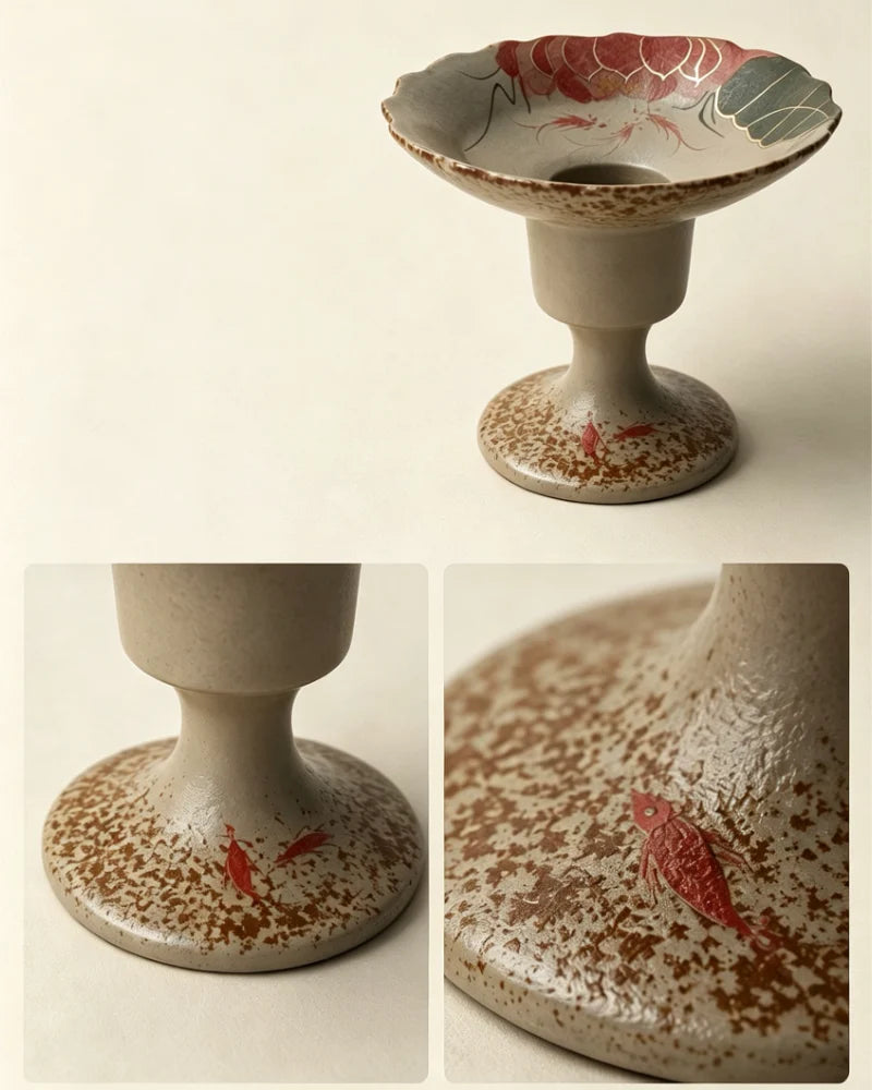 Porcelain incense holder with lotus and red carp pattern, handcrafted ceramic incense burner inspired by Chinese art and Feng Shui
