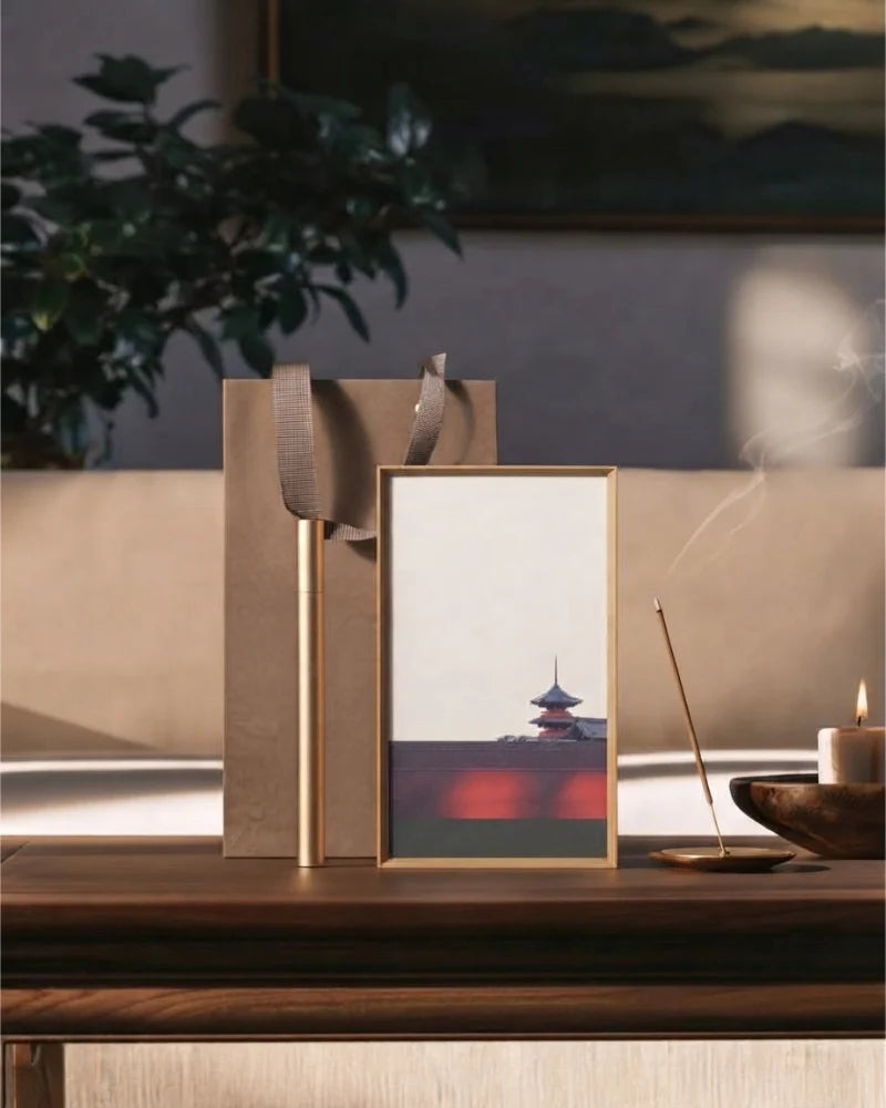 Five Elements Wuxing incense gift set styled on a wooden table beside burning stick incense