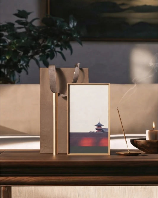 Five Elements Wuxing incense gift set styled on a wooden table beside burning stick incense