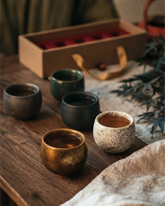 Five ceramic tea cups in varied glazes beside an open wooden gift box