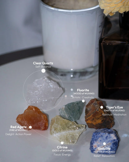 Five Elements energy stones with labels showing the energy each element represents, arranged on a ceramic plate for feng shui and meditation balance.