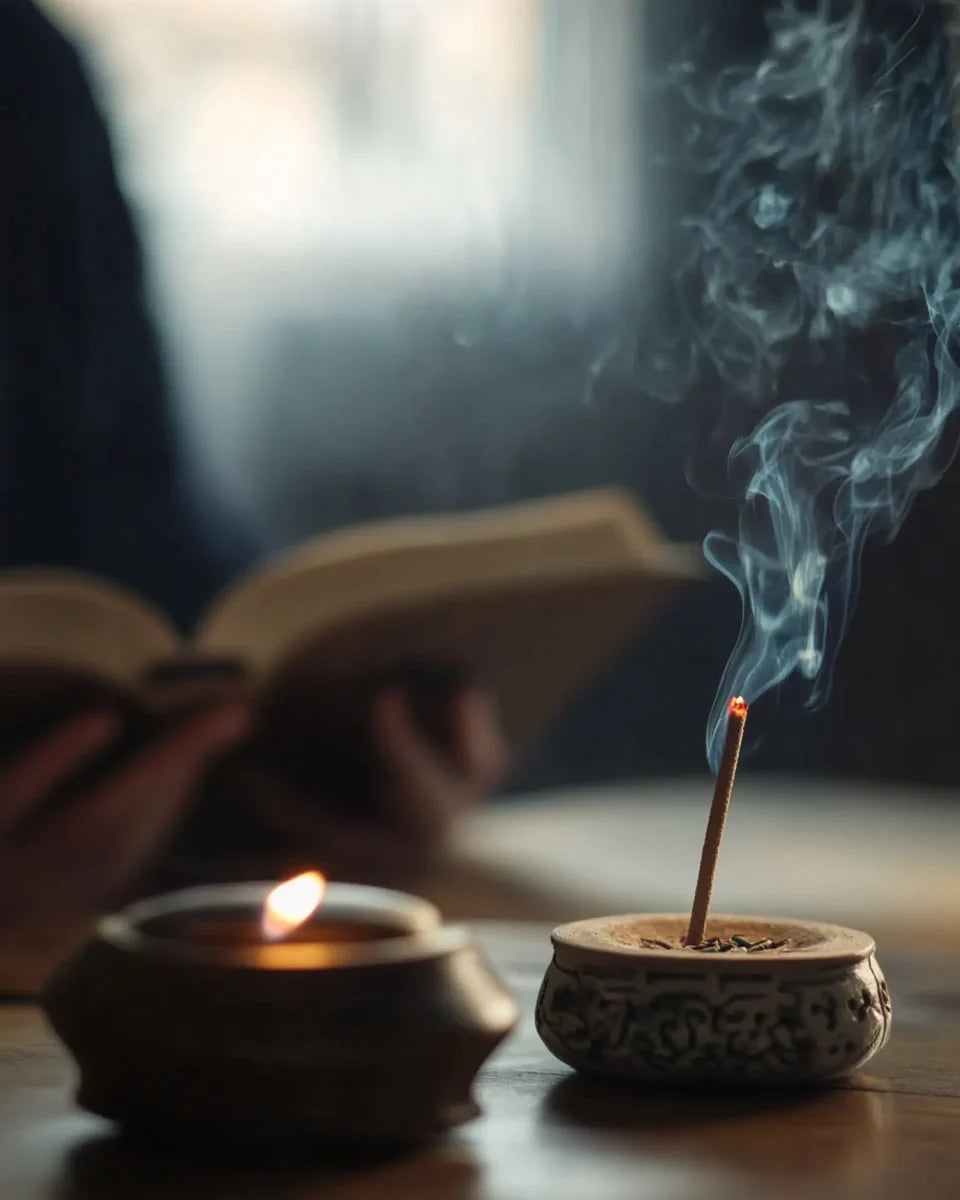 Gold Five Elements incense stick burning, designed to boost concentration and focus during reading.
