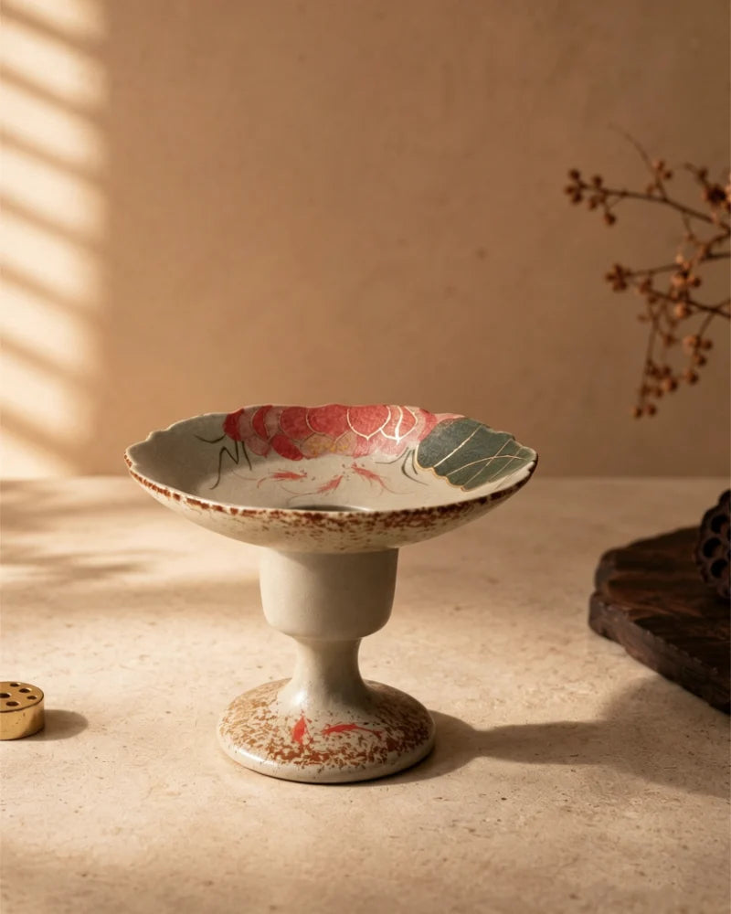 Handmade Chinese incense holder with lotus and red carp design, ceramic incense burner for Feng Shui incense ritual and home decor