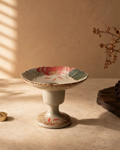 Handmade Chinese incense holder with lotus and red carp design, ceramic incense burner for Feng Shui incense ritual and home decor
