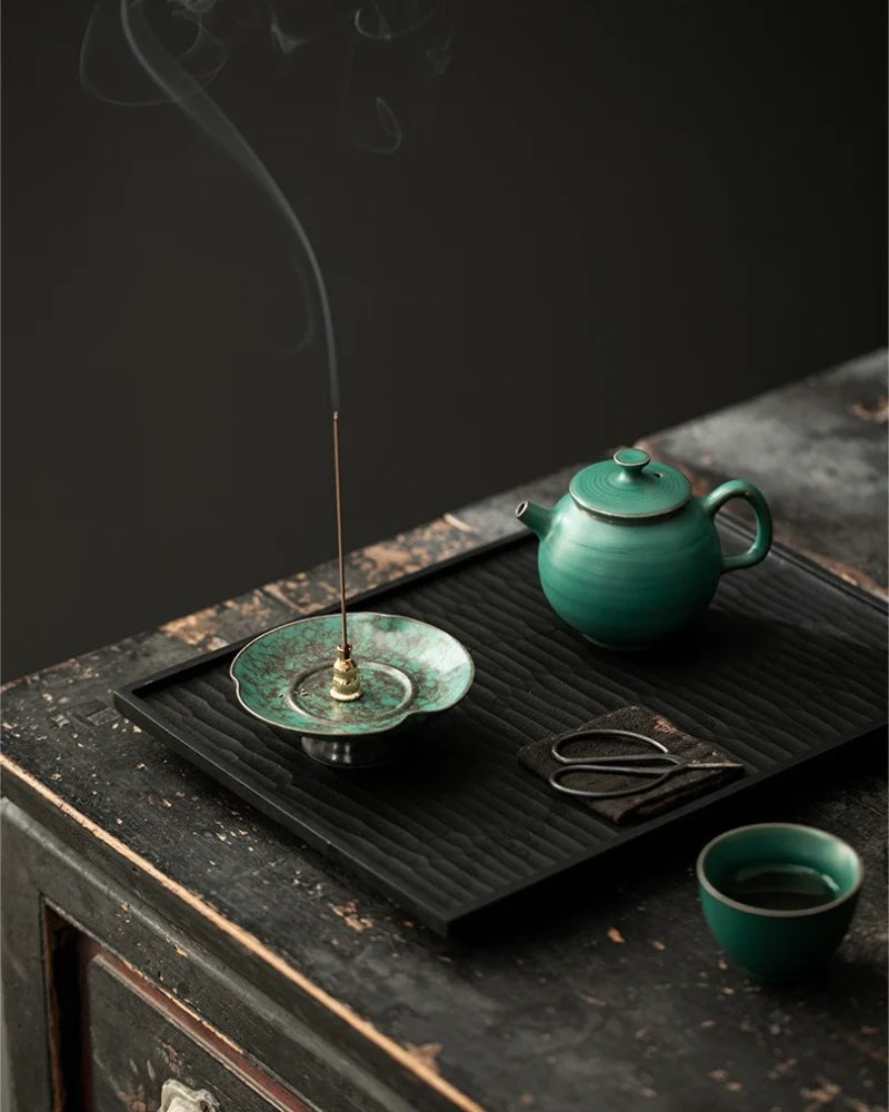 Unique blue-green reactive glaze texture on ceramic incense holder, handcrafted incense burner with artistic porcelain finish for home decor