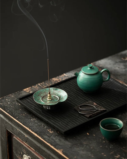 Unique blue-green reactive glaze texture on ceramic incense holder, handcrafted incense burner with artistic porcelain finish for home decor