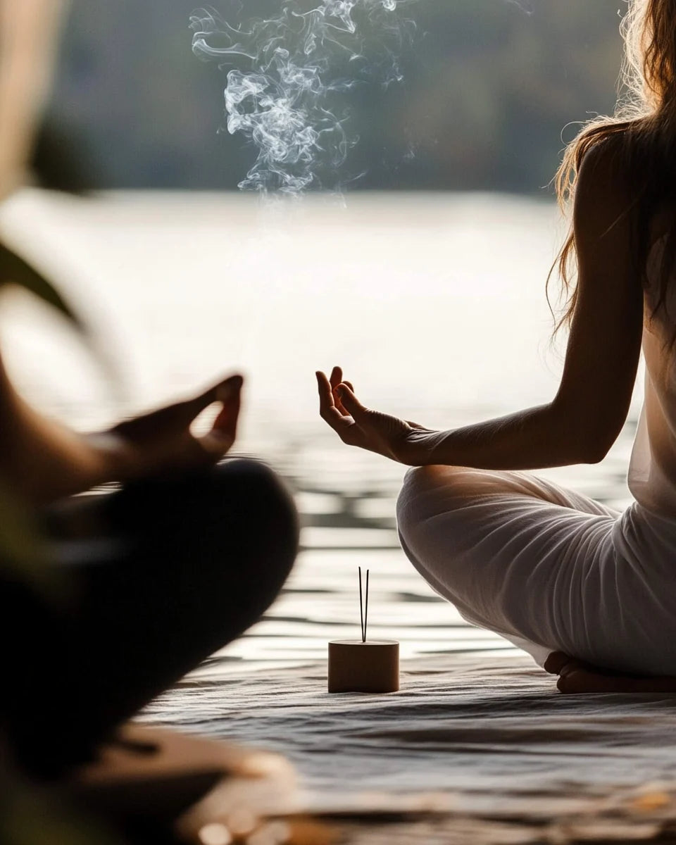 Water element incense releasing soothing smoke, promoting relaxation and mindfulness in yoga.