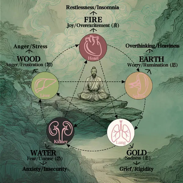 Diagram of the Five Elements with corresponding organs and emotions on a nature-themed background.